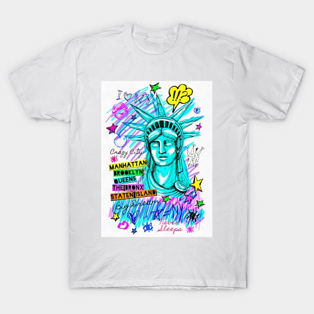 Colorful New York City Illustration showing well know landmark T-Shirt by jshep